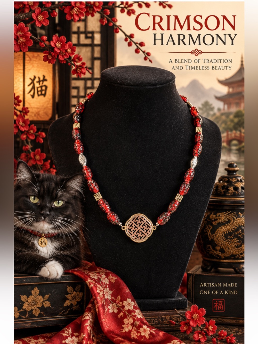 Handcrafted Red Bead Pendant Necklace with Gold Accent